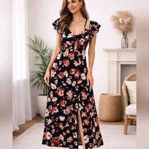 Dress Forum Black Floral Maxi Dress Ruffle Sleeve Slit Boho Summer Small